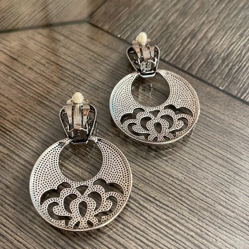 Vintage Silver-tone Door Knocker Clip Earrings, Floral Design